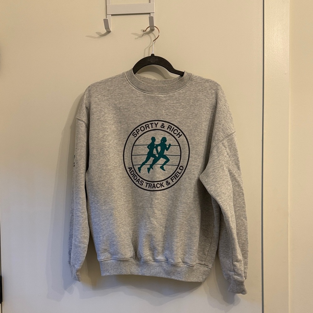 Sporty & Rich Gray Crewneck with Navy Green Track Logo